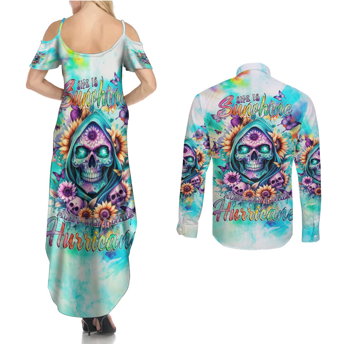 Flower Skull Couples Matching Summer Maxi Dress and Long Sleeve Button Shirt She Is Sunshine Mixed With A Little Hurricane