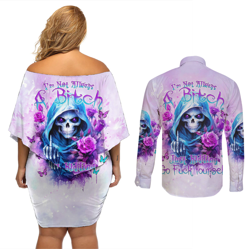 Rose Skull Couples Matching Off Shoulder Short Dress and Long Sleeve Button Shirt I'm Not Always A Bitch Just Kidding Go Fuck Yourself