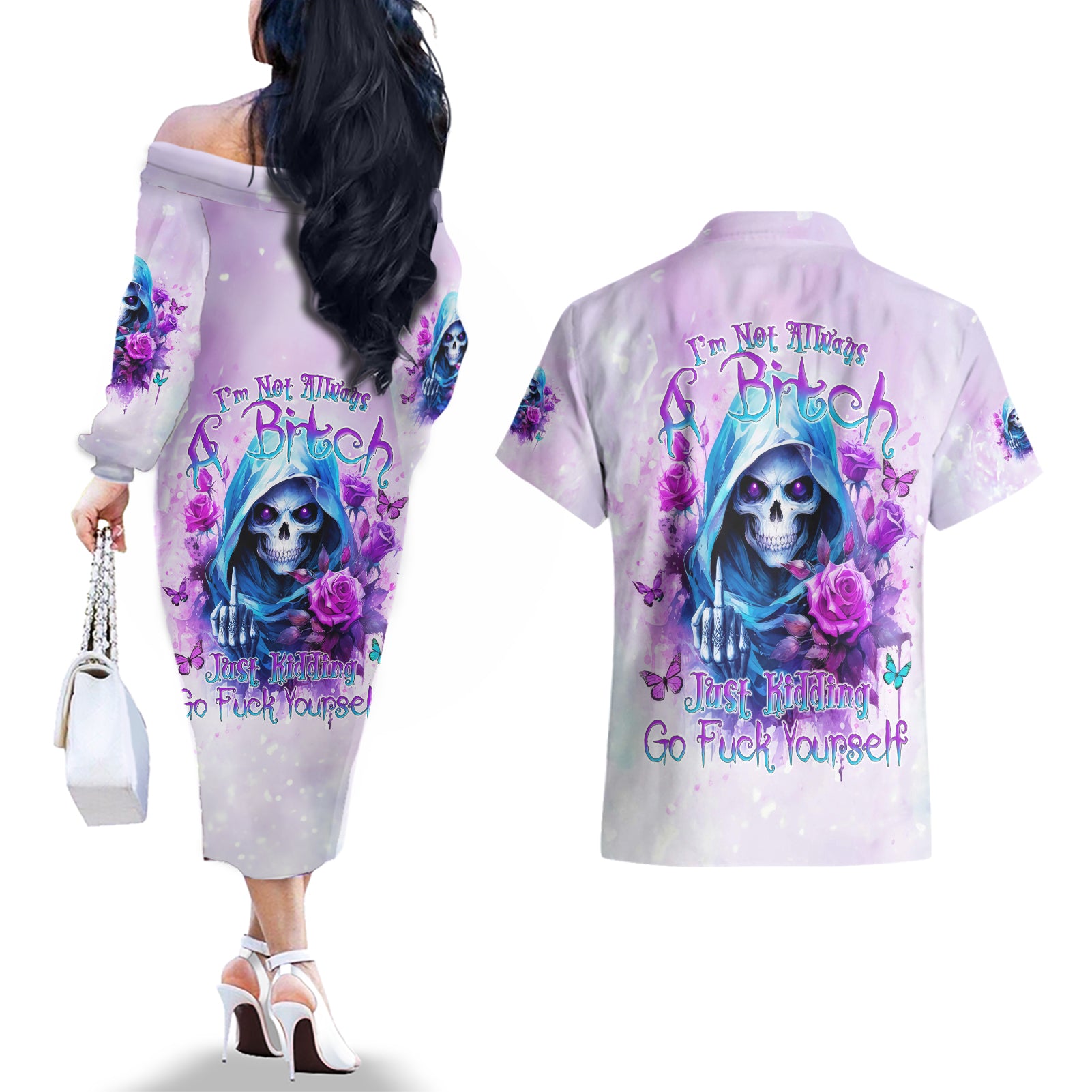 Rose Skull Couples Matching Off The Shoulder Long Sleeve Dress and Hawaiian Shirt I'm Not Always A Bitch Just Kidding Go Fuck Yourself