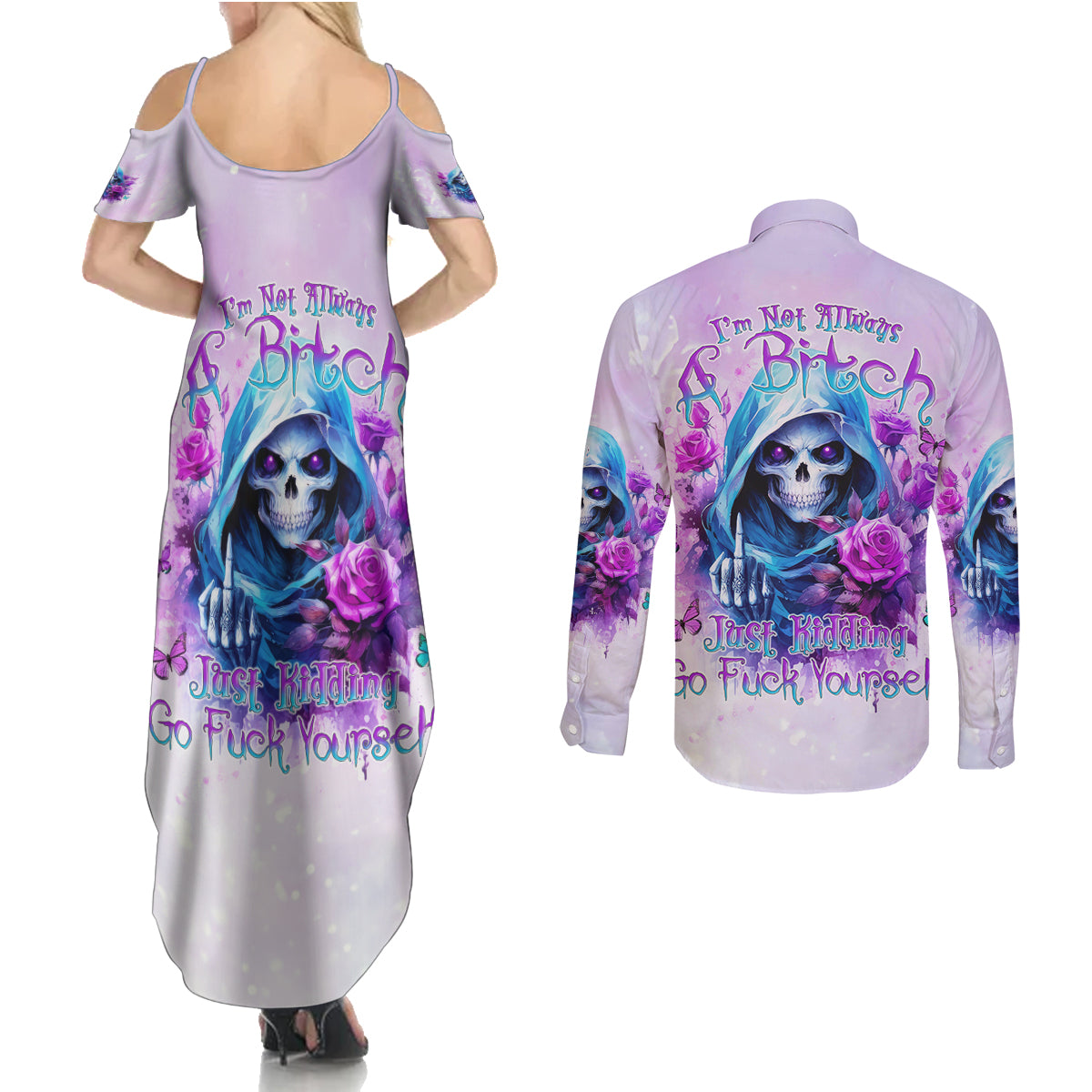 Rose Skull Couples Matching Summer Maxi Dress and Long Sleeve Button Shirt I'm Not Always A Bitch Just Kidding Go Fuck Yourself