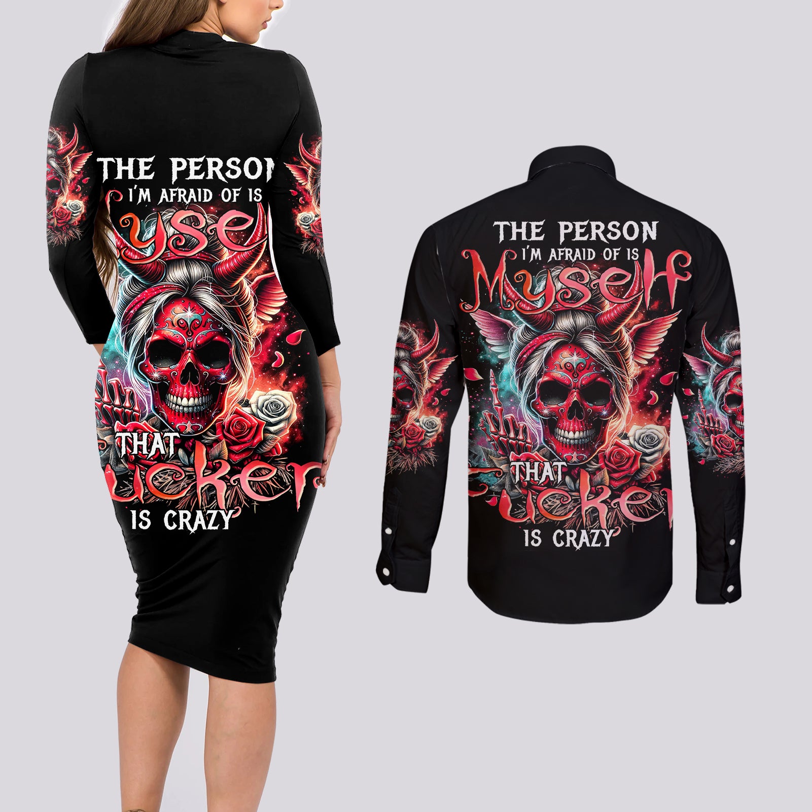 Devil Skull Couples Matching Long Sleeve Bodycon Dress and Long Sleeve Button Shirt The Perseon I Afraid Of Is Myself That Fucker Is Crazy