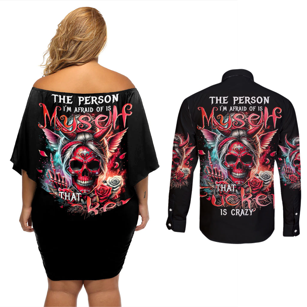 Devil Skull Couples Matching Off Shoulder Short Dress and Long Sleeve Button Shirt The Perseon I Afraid Of Is Myself That Fucker Is Crazy