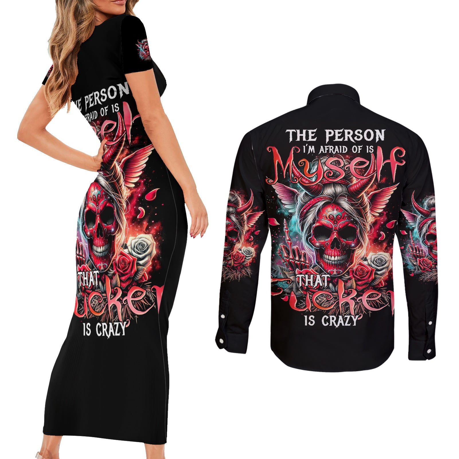 Devil Skull Couples Matching Short Sleeve Bodycon Dress and Long Sleeve Button Shirt The Perseon I Afraid Of Is Myself That Fucker Is Crazy