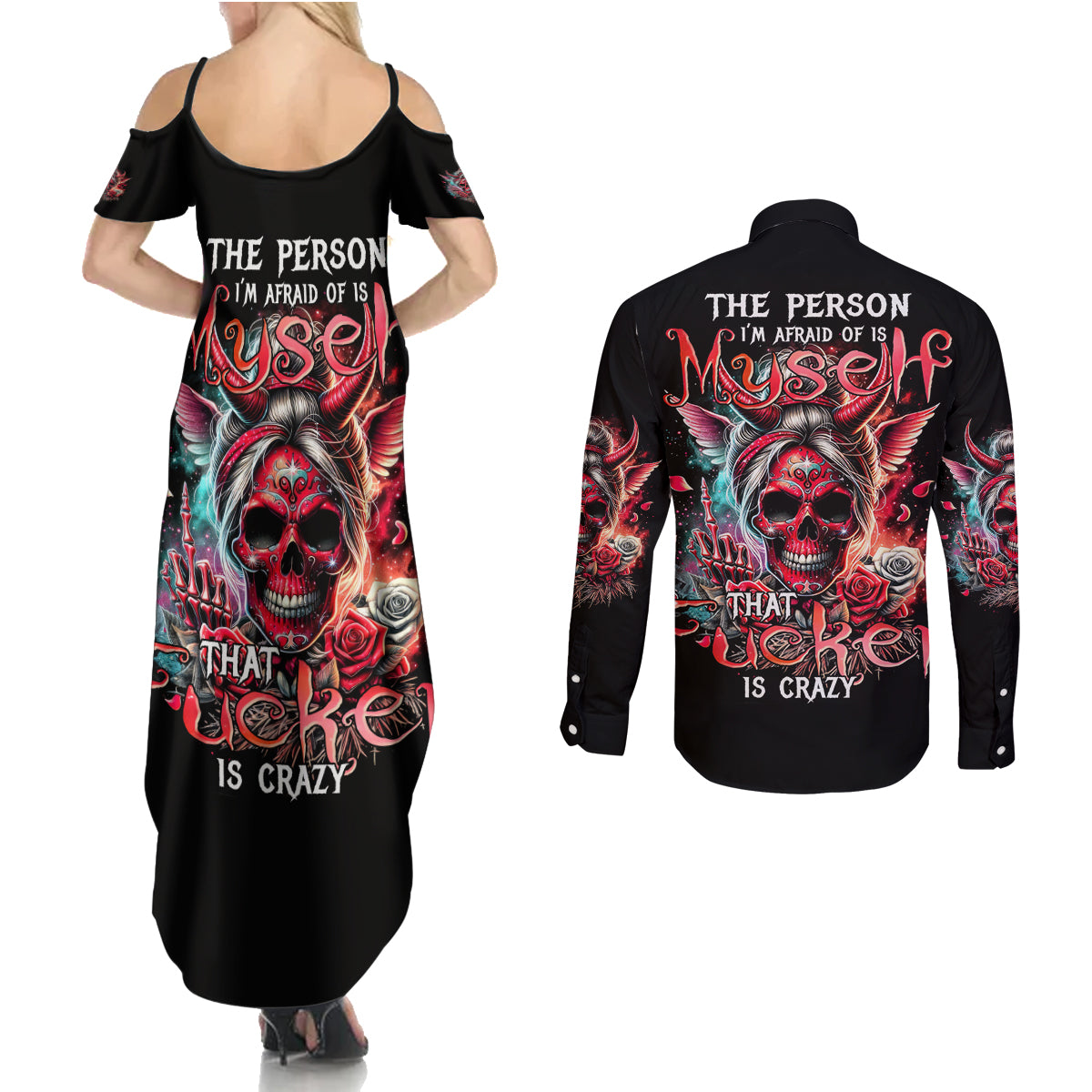 Devil Skull Couples Matching Summer Maxi Dress and Long Sleeve Button Shirt The Perseon I Afraid Of Is Myself That Fucker Is Crazy