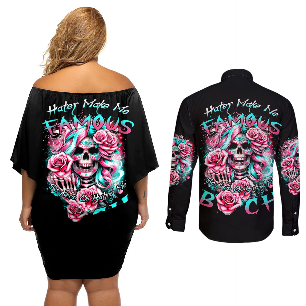 Rose Skull Couples Matching Off Shoulder Short Dress and Long Sleeve Button Shirt Hater Make Me Famous So Keep On Hating Me Bitch