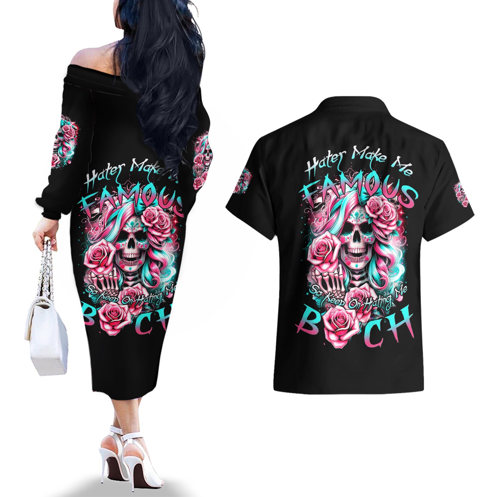 Rose Skull Couples Matching Off The Shoulder Long Sleeve Dress and Hawaiian Shirt Hater Make Me Famous So Keep On Hating Me Bitch