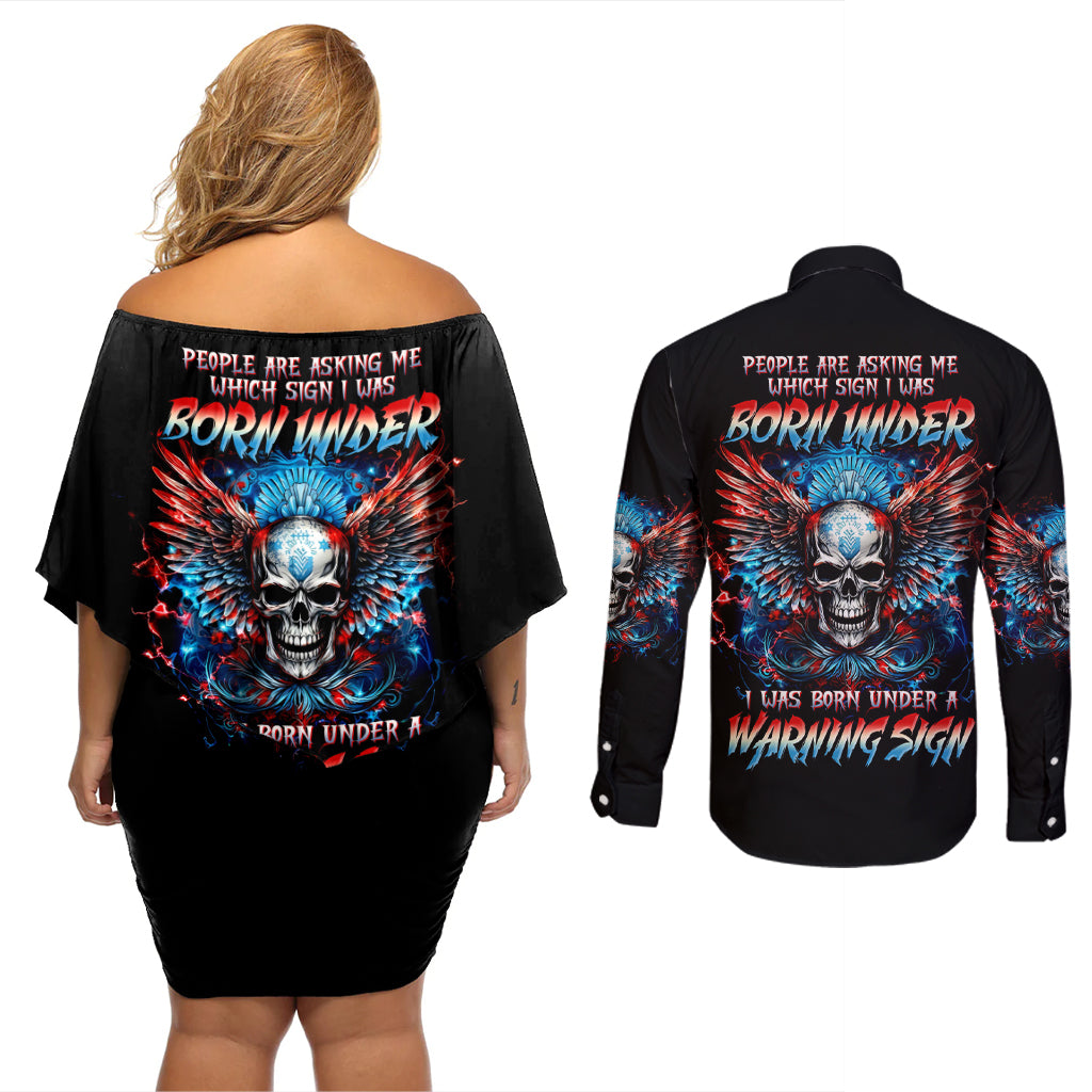 Wings Skull Couples Matching Off Shoulder Short Dress and Long Sleeve Button Shirt People Are Asking Me Which Sign I was Born Under I Was Born Under A Warning Sigh