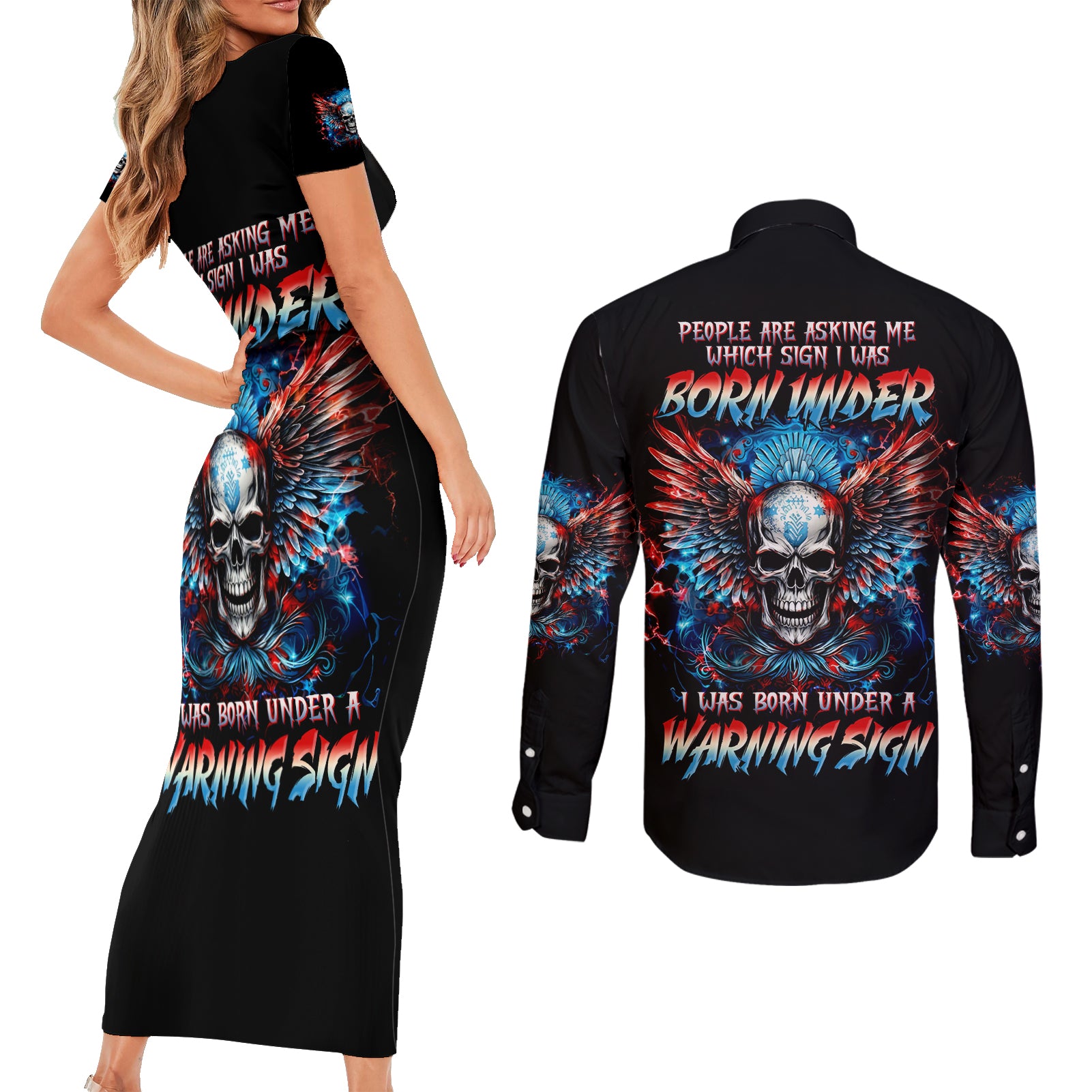 Wings Skull Couples Matching Short Sleeve Bodycon Dress and Long Sleeve Button Shirt People Are Asking Me Which Sign I was Born Under I Was Born Under A Warning Sigh