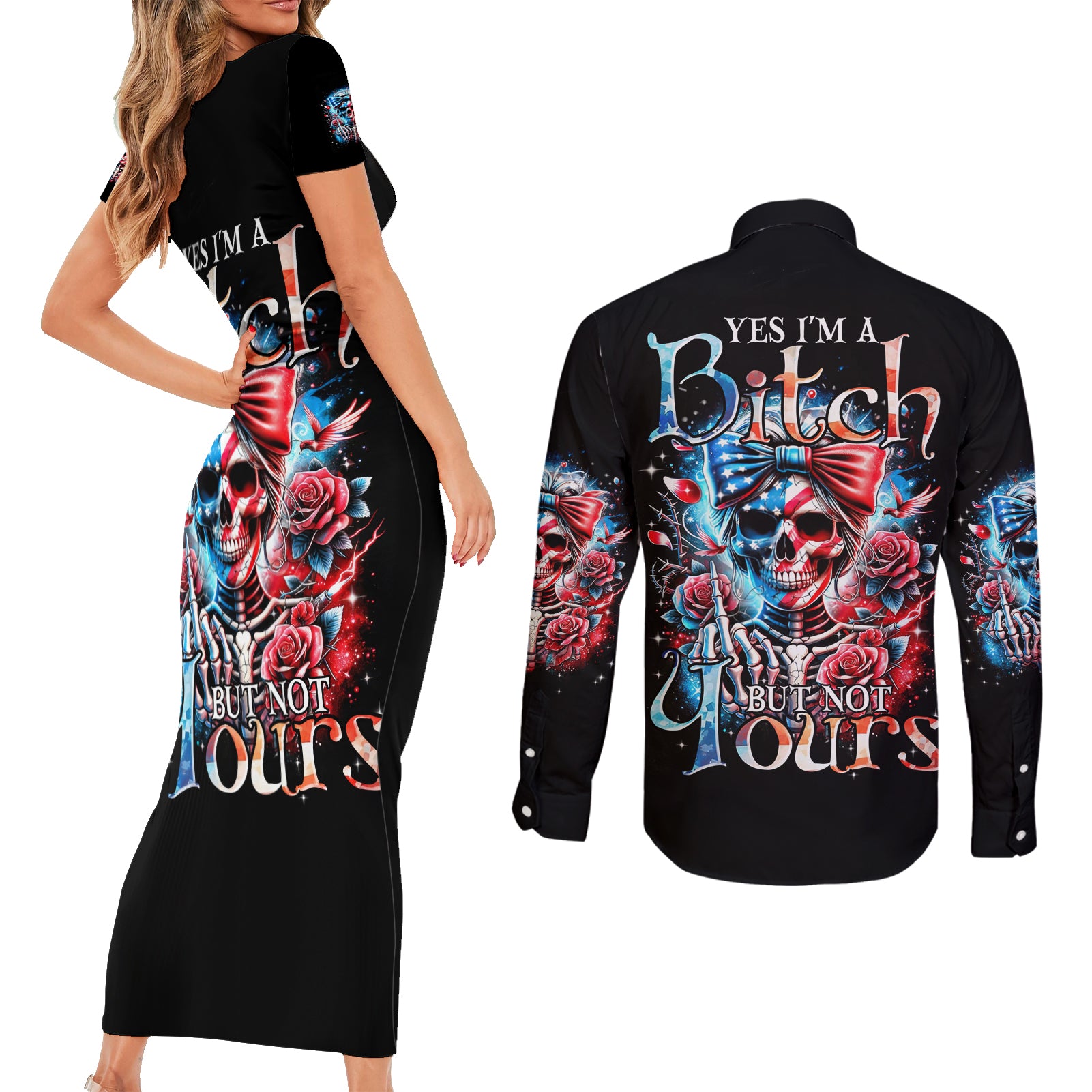 Lady Skull Couples Matching Short Sleeve Bodycon Dress and Long Sleeve Button Shirt Yes I'm A Bitch But Not Your