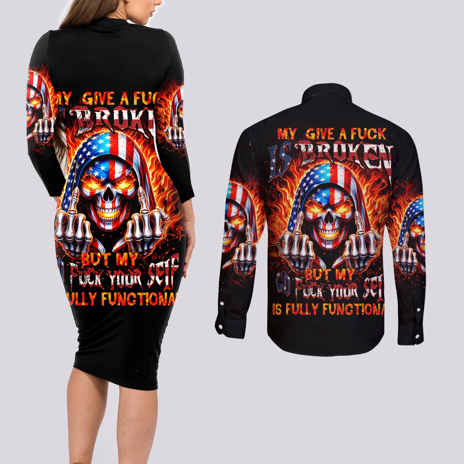 My Give A Fuck Is Broken But My Go Fuck Your Self Couples Matching Long Sleeve Bodycon Dress and Long Sleeve Button Shirt