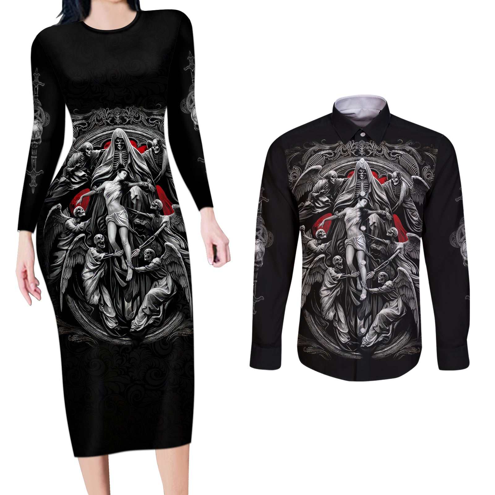 skull-couples-matching-long-sleeve-bodycon-dress-and-long-sleeve-button-shirts-ethereal-reapers-skull-faced-death-angels