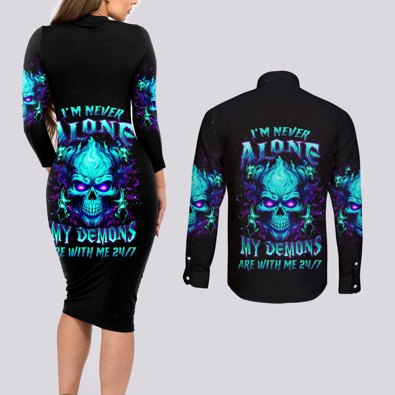 flame-skull-couples-matching-long-sleeve-bodycon-dress-and-long-sleeve-button-shirts-im-never-alone-my-demons-with-me-247