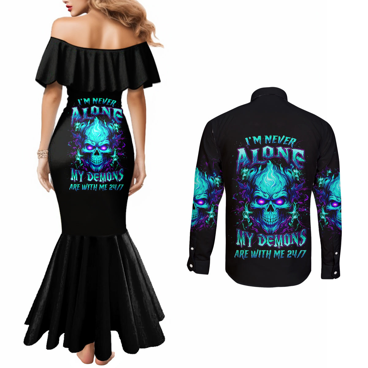 flame-skull-couples-matching-mermaid-dress-and-long-sleeve-button-shirts-im-never-alone-my-demons-with-me-247