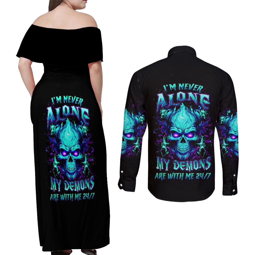 flame-skull-couples-matching-off-shoulder-maxi-dress-and-long-sleeve-button-shirts-im-never-alone-my-demons-with-me-247