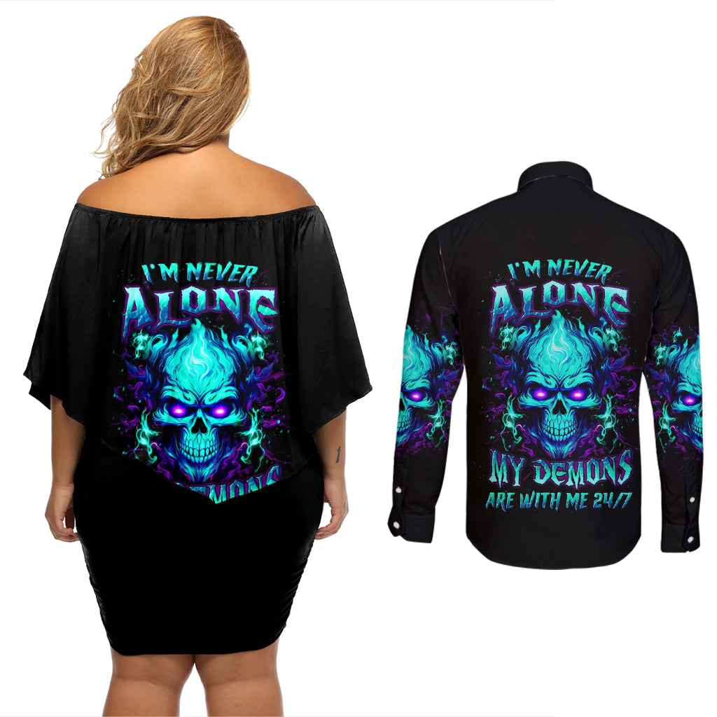 flame-skull-couples-matching-off-shoulder-short-dress-and-long-sleeve-button-shirts-im-never-alone-my-demons-with-me-247