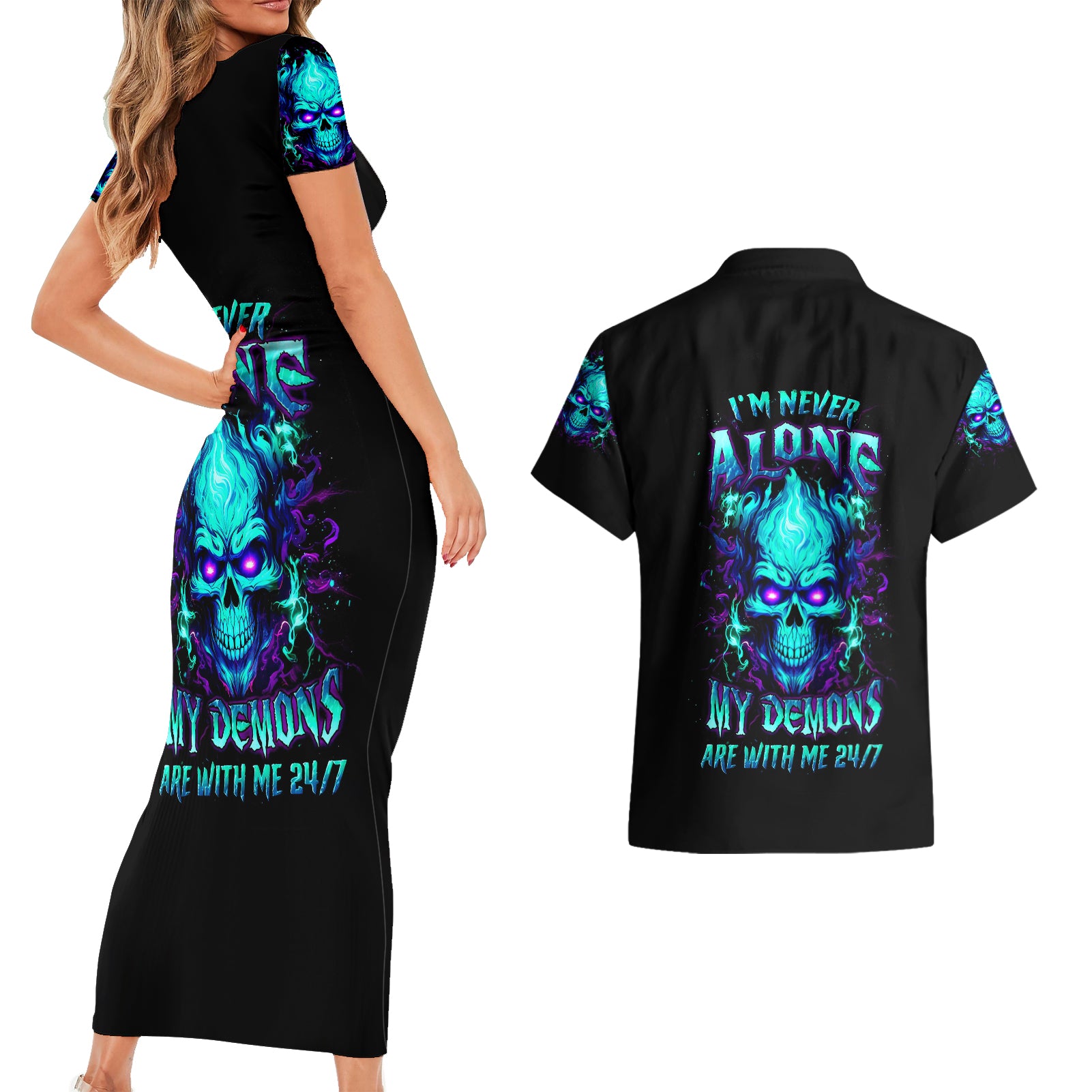 flame-skull-couples-matching-short-sleeve-bodycon-dress-and-hawaiian-shirt-im-never-alone-my-demons-with-me-247