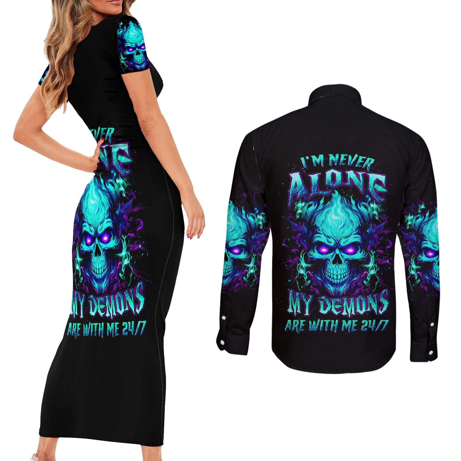 flame-skull-couples-matching-short-sleeve-bodycon-dress-and-long-sleeve-button-shirts-im-never-alone-my-demons-with-me-247