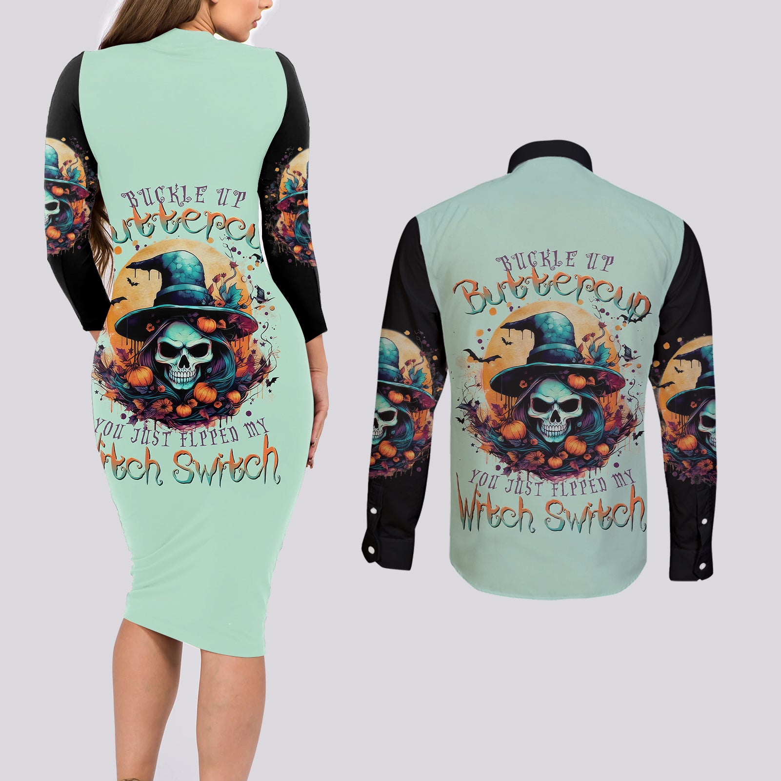 witch-skull-couples-matching-long-sleeve-bodycon-dress-and-long-sleeve-button-shirts-buckle-up-buttercup-you-just-flipped-my-witch-switch