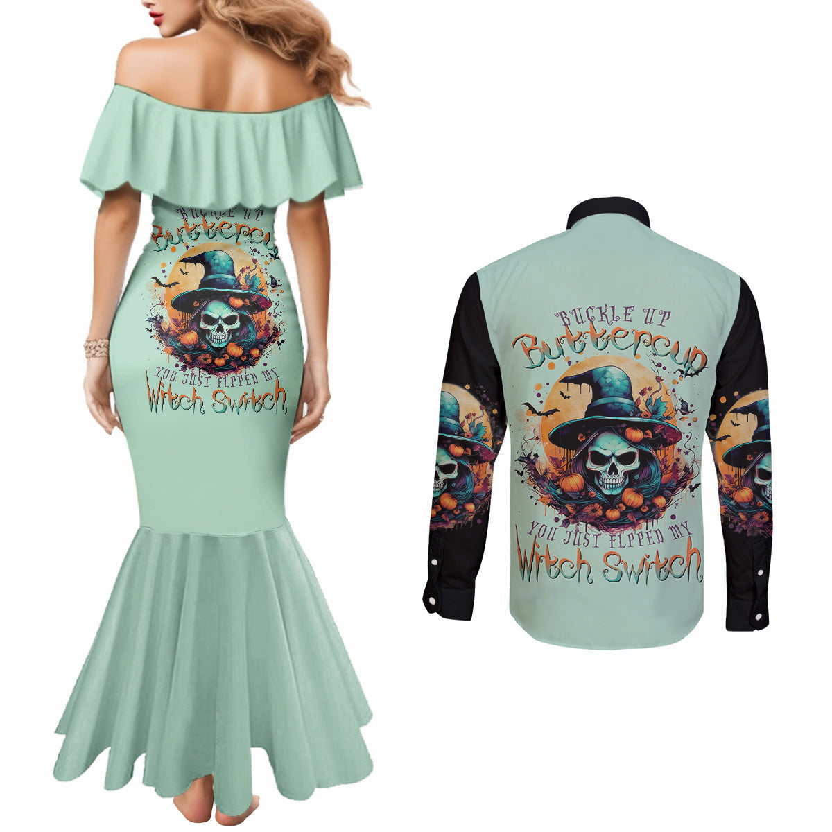 witch-skull-couples-matching-mermaid-dress-and-long-sleeve-button-shirts-buckle-up-buttercup-you-just-flipped-my-witch-switch