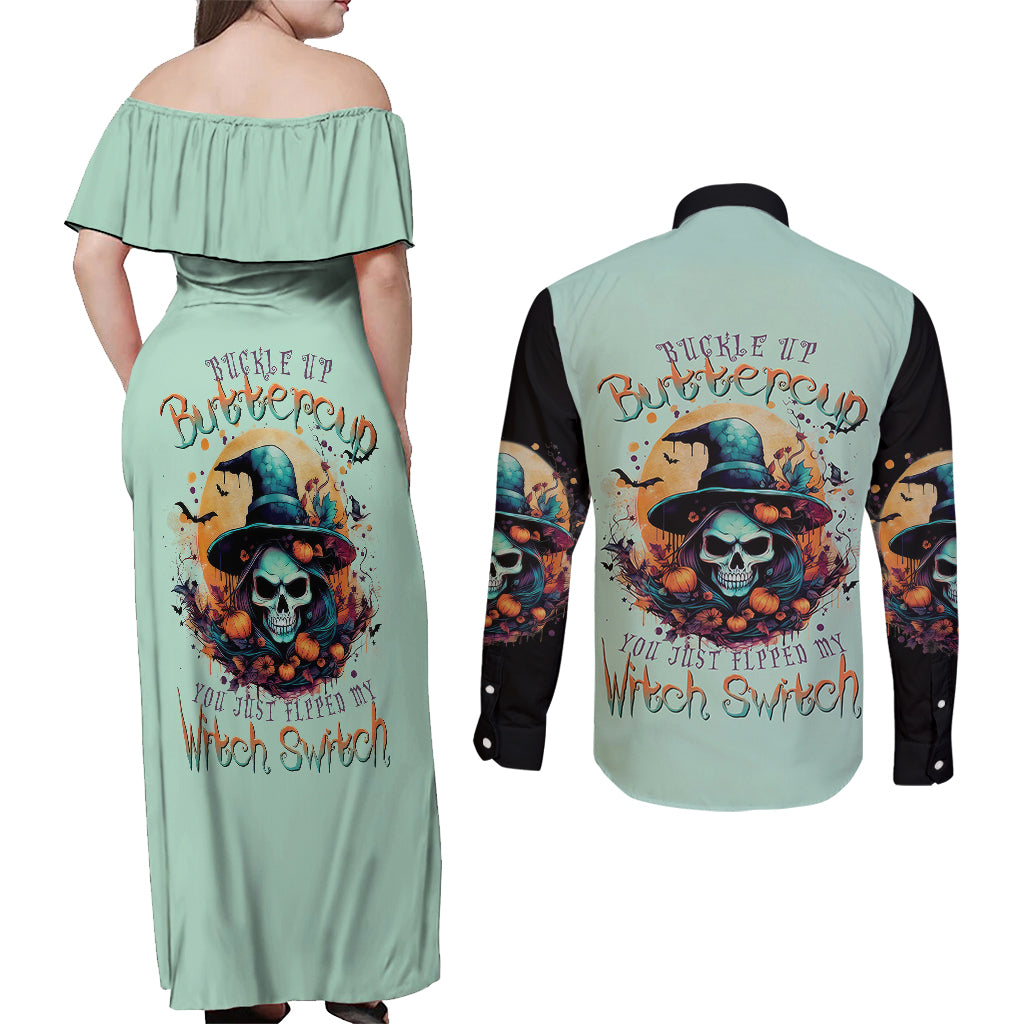 witch-skull-couples-matching-off-shoulder-maxi-dress-and-long-sleeve-button-shirts-buckle-up-buttercup-you-just-flipped-my-witch-switch