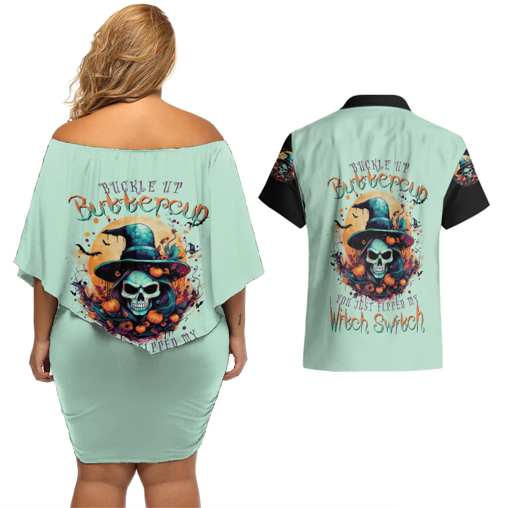 witch-skull-couples-matching-off-shoulder-short-dress-and-hawaiian-shirt-buckle-up-buttercup-you-just-flipped-my-witch-switch