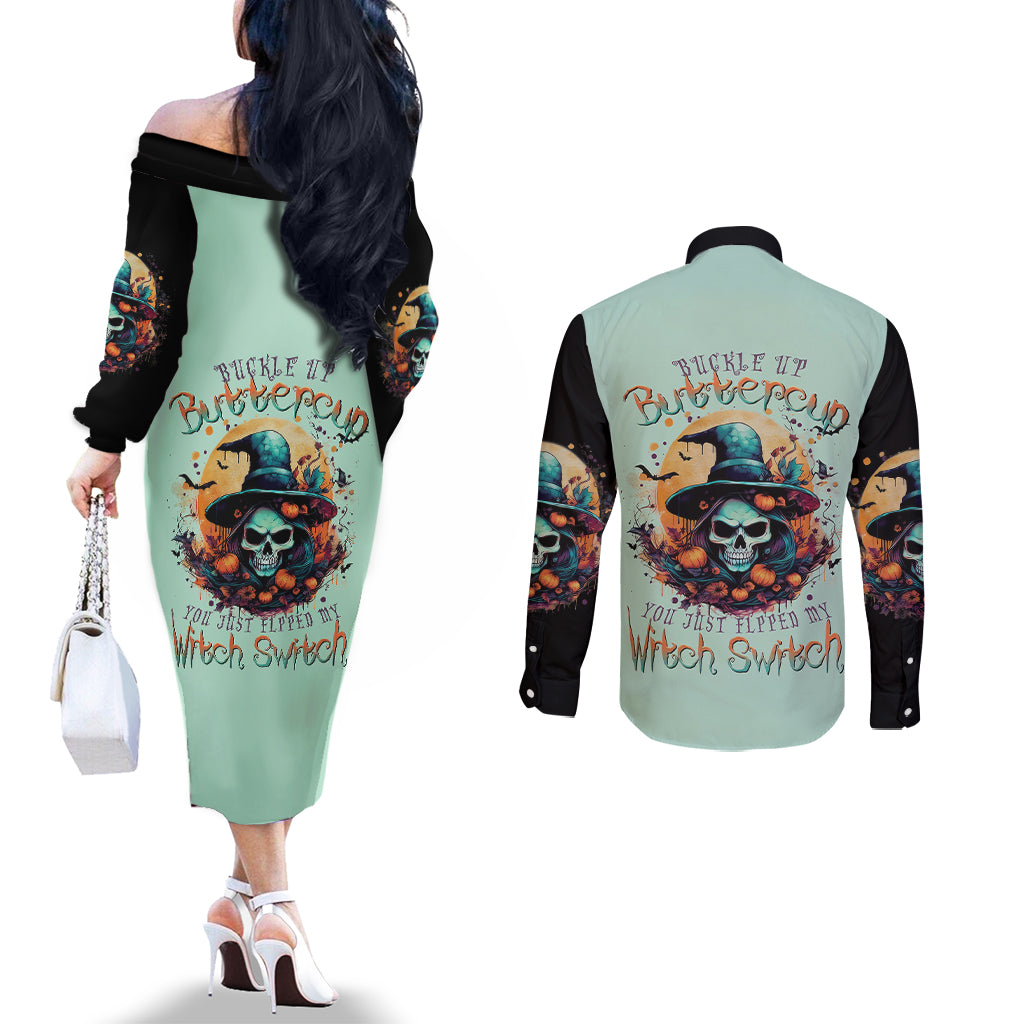 witch-skull-couples-matching-off-the-shoulder-long-sleeve-dress-and-long-sleeve-button-shirts-buckle-up-buttercup-you-just-flipped-my-witch-switch