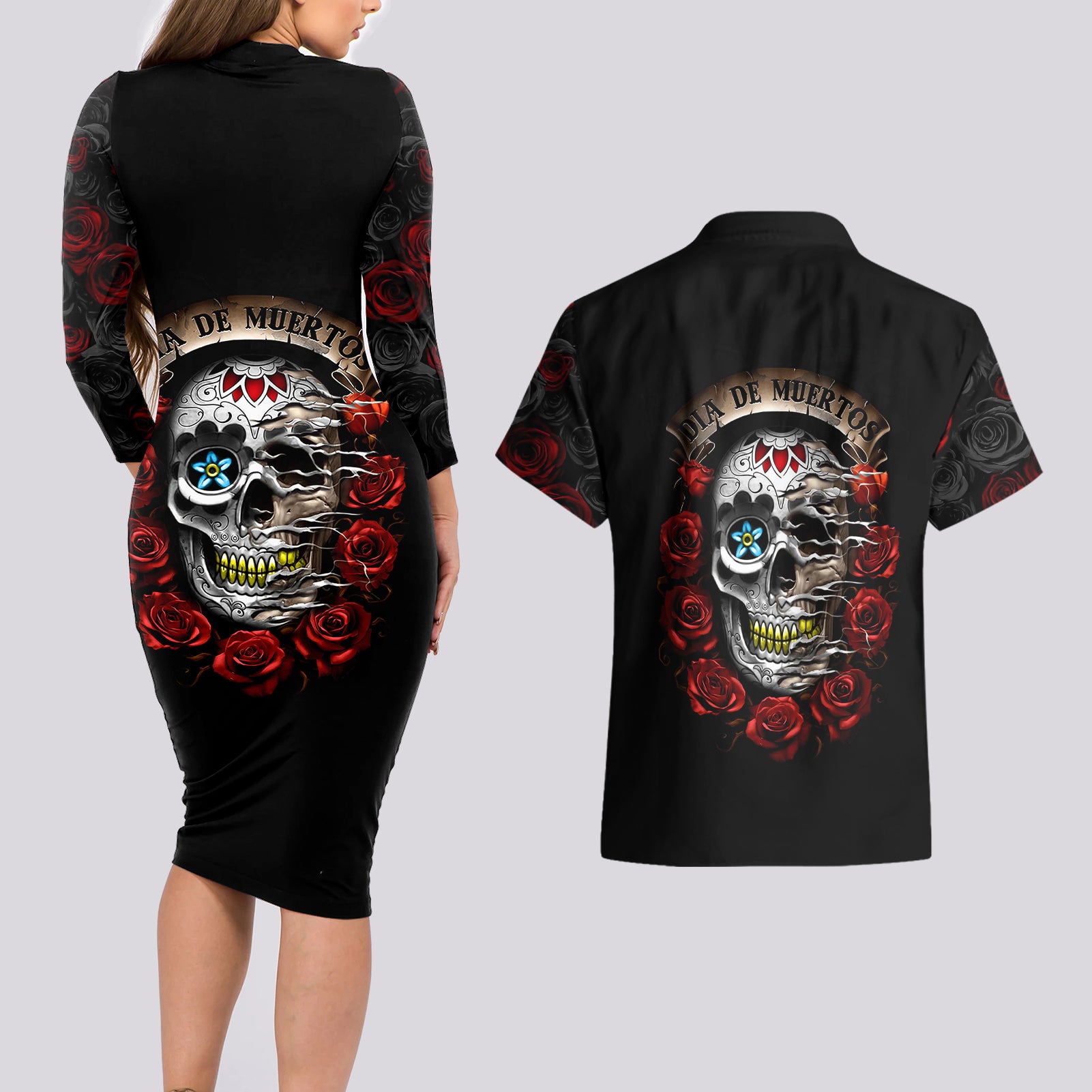 dia-de-muertos-couples-matching-long-sleeve-bodycon-dress-and-hawaiian-shirt-day-of-the-death-rose-skull