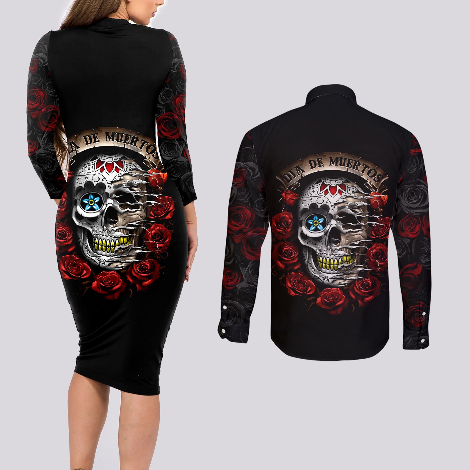 dia-de-muertos-couples-matching-long-sleeve-bodycon-dress-and-long-sleeve-button-shirts-day-of-the-death-rose-skull