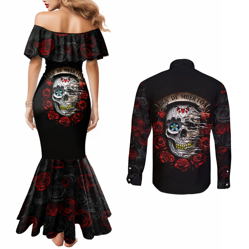 dia-de-muertos-couples-matching-mermaid-dress-and-long-sleeve-button-shirts-day-of-the-death-rose-skull