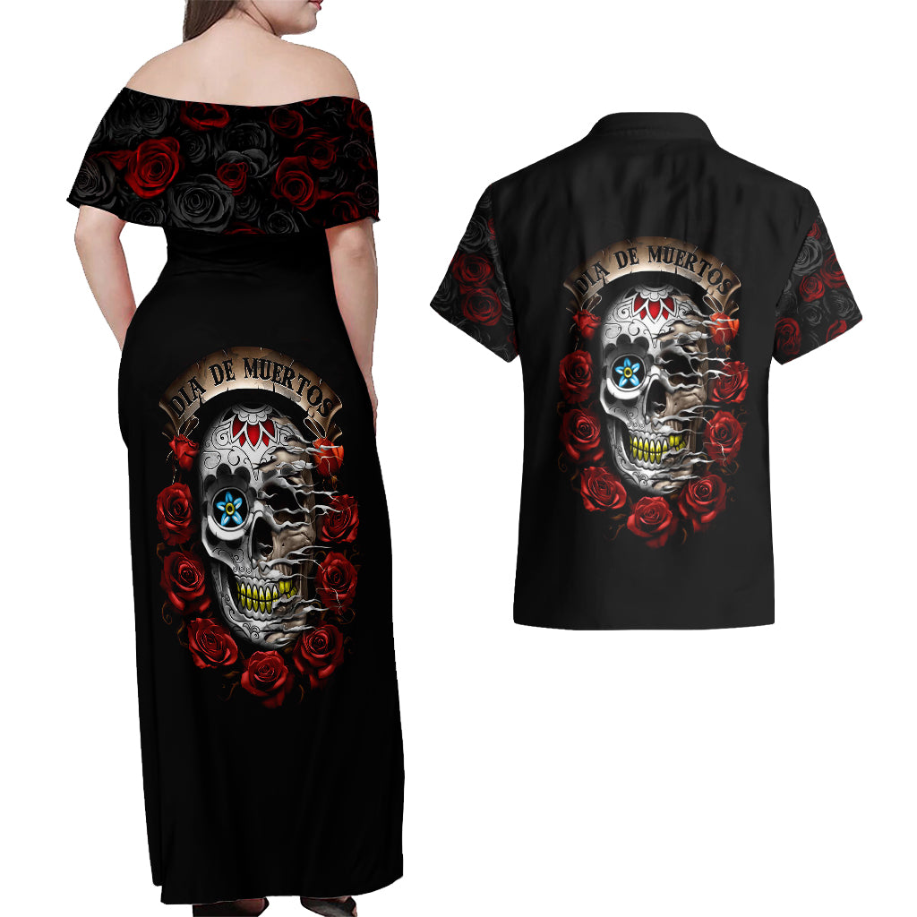 dia-de-muertos-couples-matching-off-shoulder-maxi-dress-and-hawaiian-shirt-day-of-the-death-rose-skull