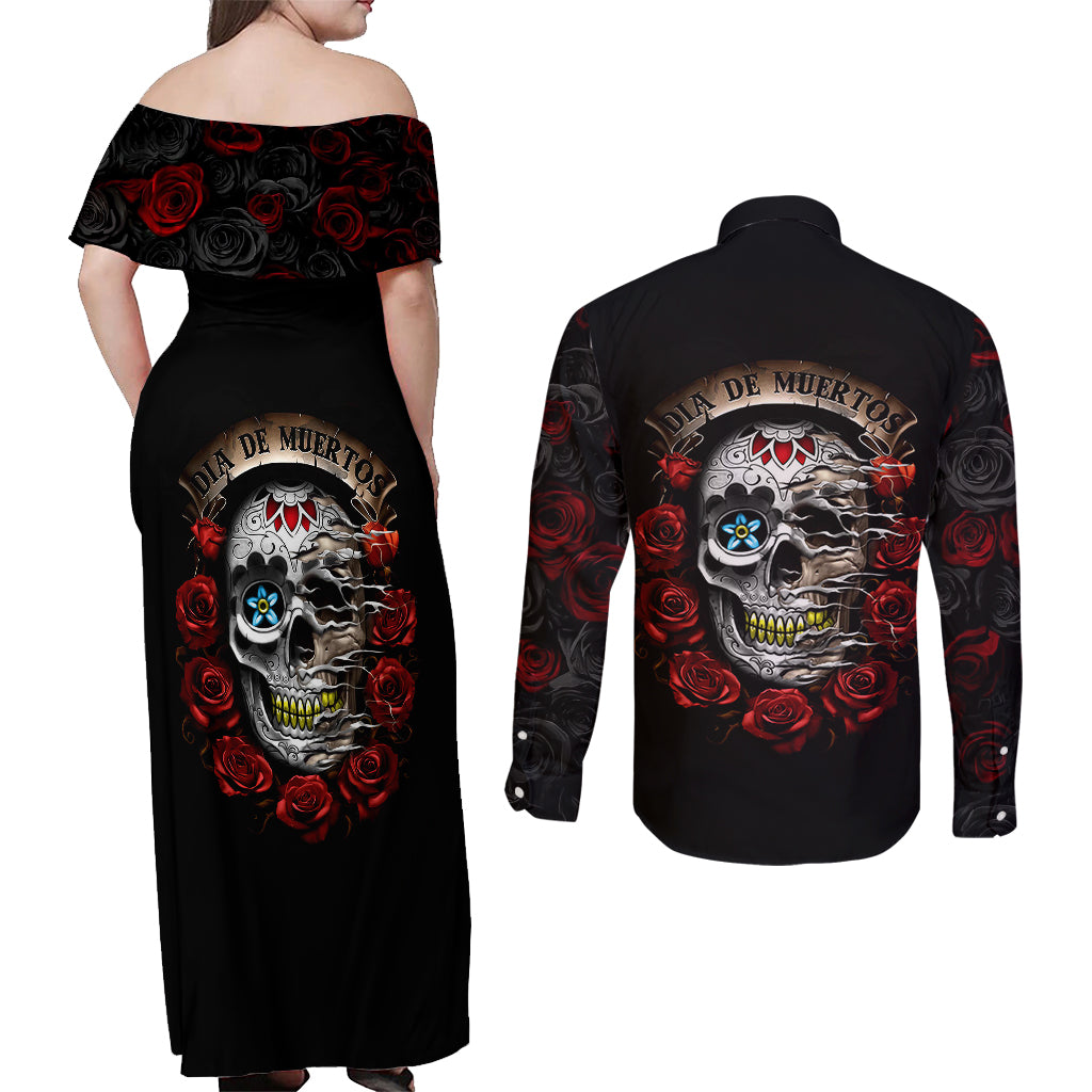 dia-de-muertos-couples-matching-off-shoulder-maxi-dress-and-long-sleeve-button-shirts-day-of-the-death-rose-skull