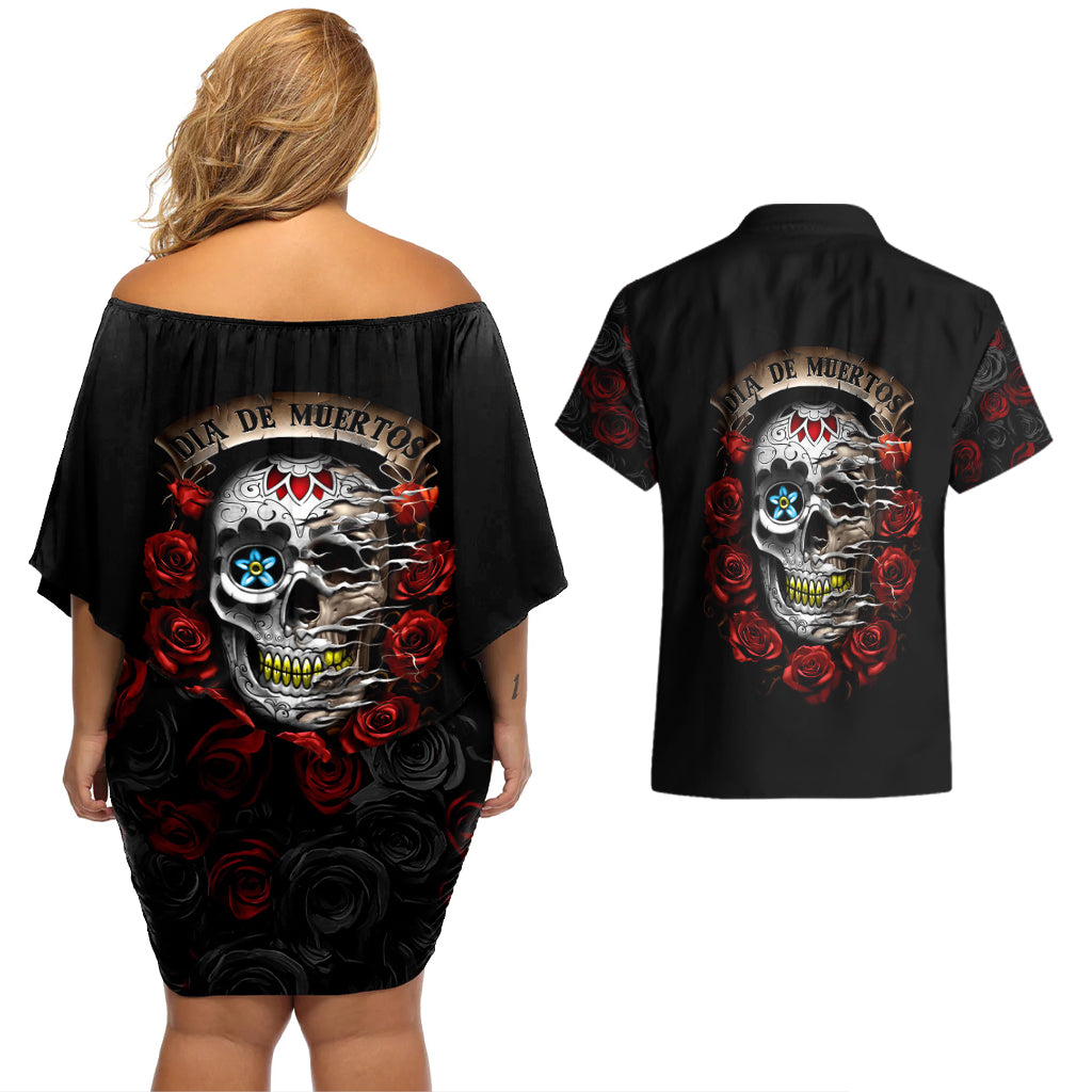 dia-de-muertos-couples-matching-off-shoulder-short-dress-and-hawaiian-shirt-day-of-the-death-rose-skull