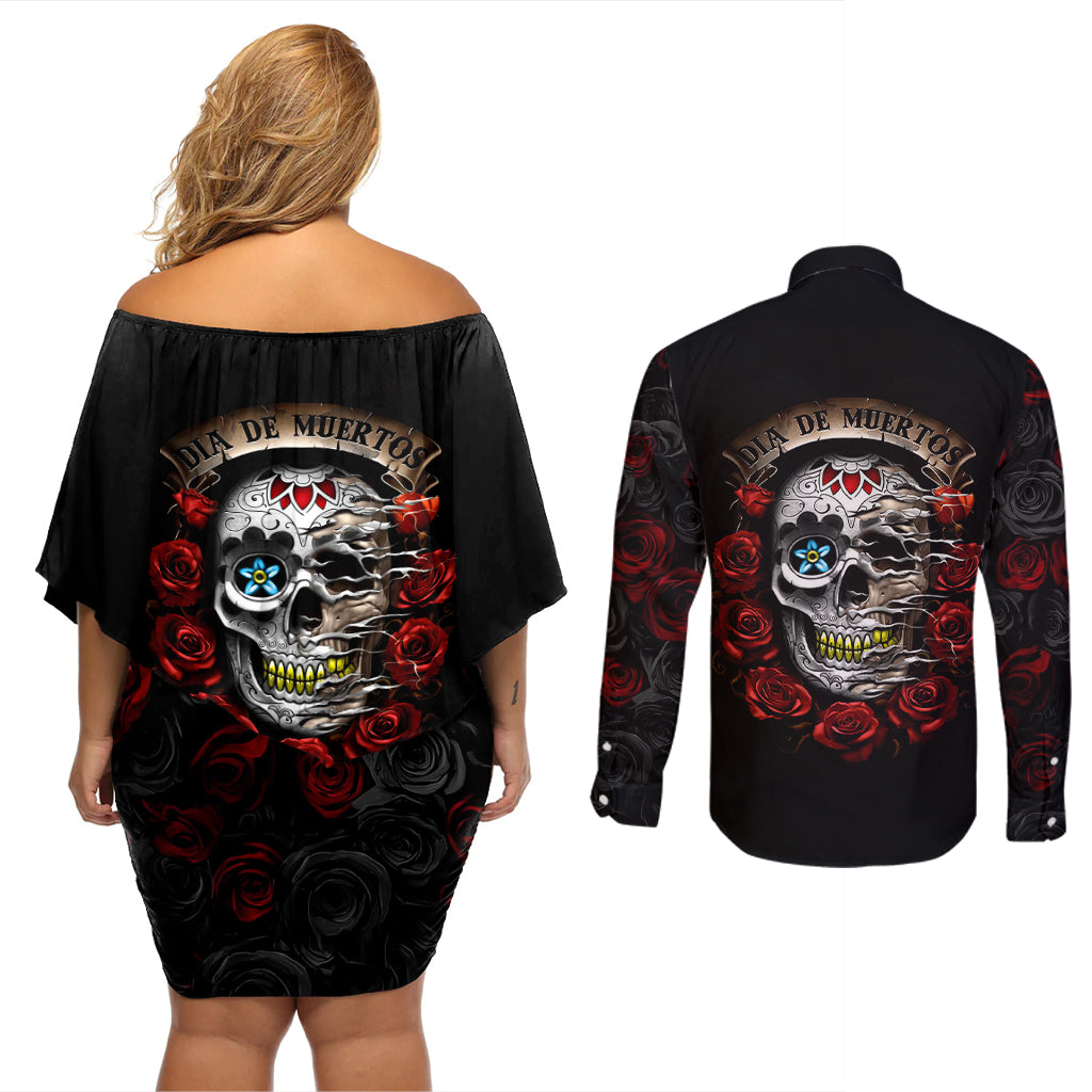 dia-de-muertos-couples-matching-off-shoulder-short-dress-and-long-sleeve-button-shirts-day-of-the-death-rose-skull