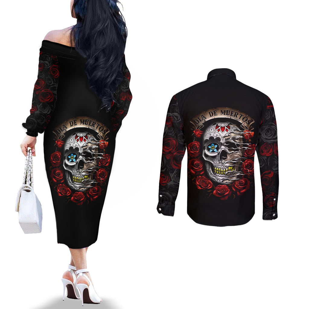 dia-de-muertos-couples-matching-off-the-shoulder-long-sleeve-dress-and-long-sleeve-button-shirts-day-of-the-death-rose-skull