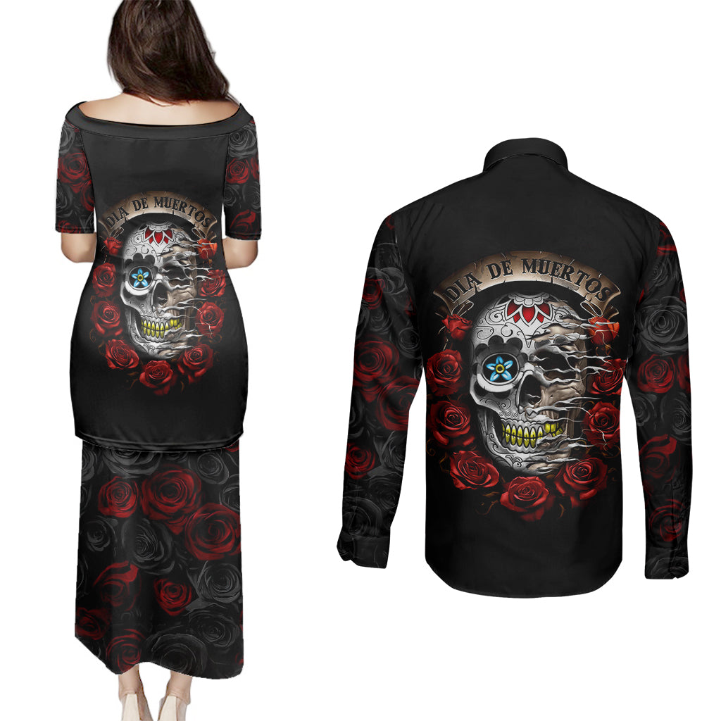 dia-de-muertos-couples-matching-puletasi-dress-and-long-sleeve-button-shirts-day-of-the-death-rose-skull