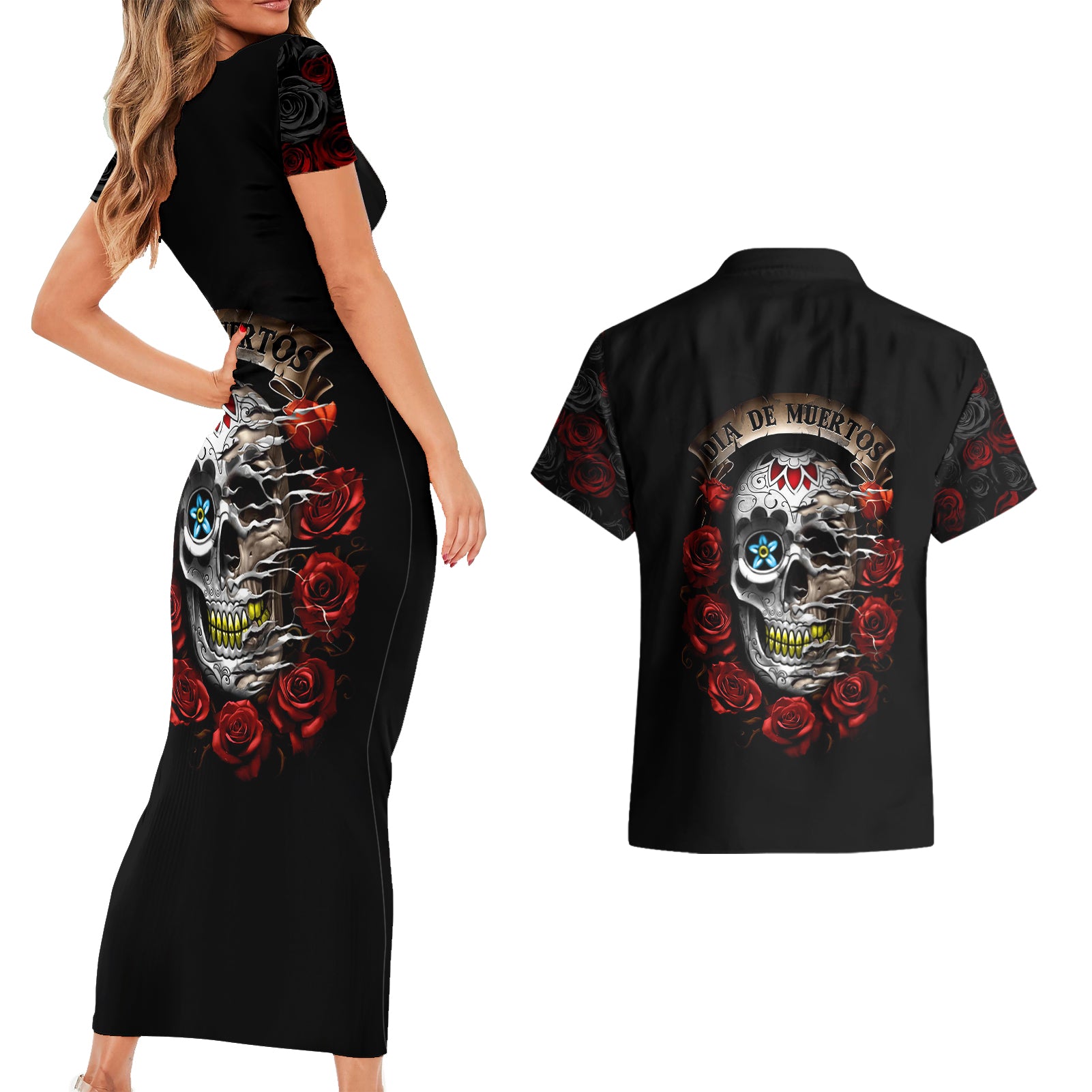 dia-de-muertos-couples-matching-short-sleeve-bodycon-dress-and-hawaiian-shirt-day-of-the-death-rose-skull