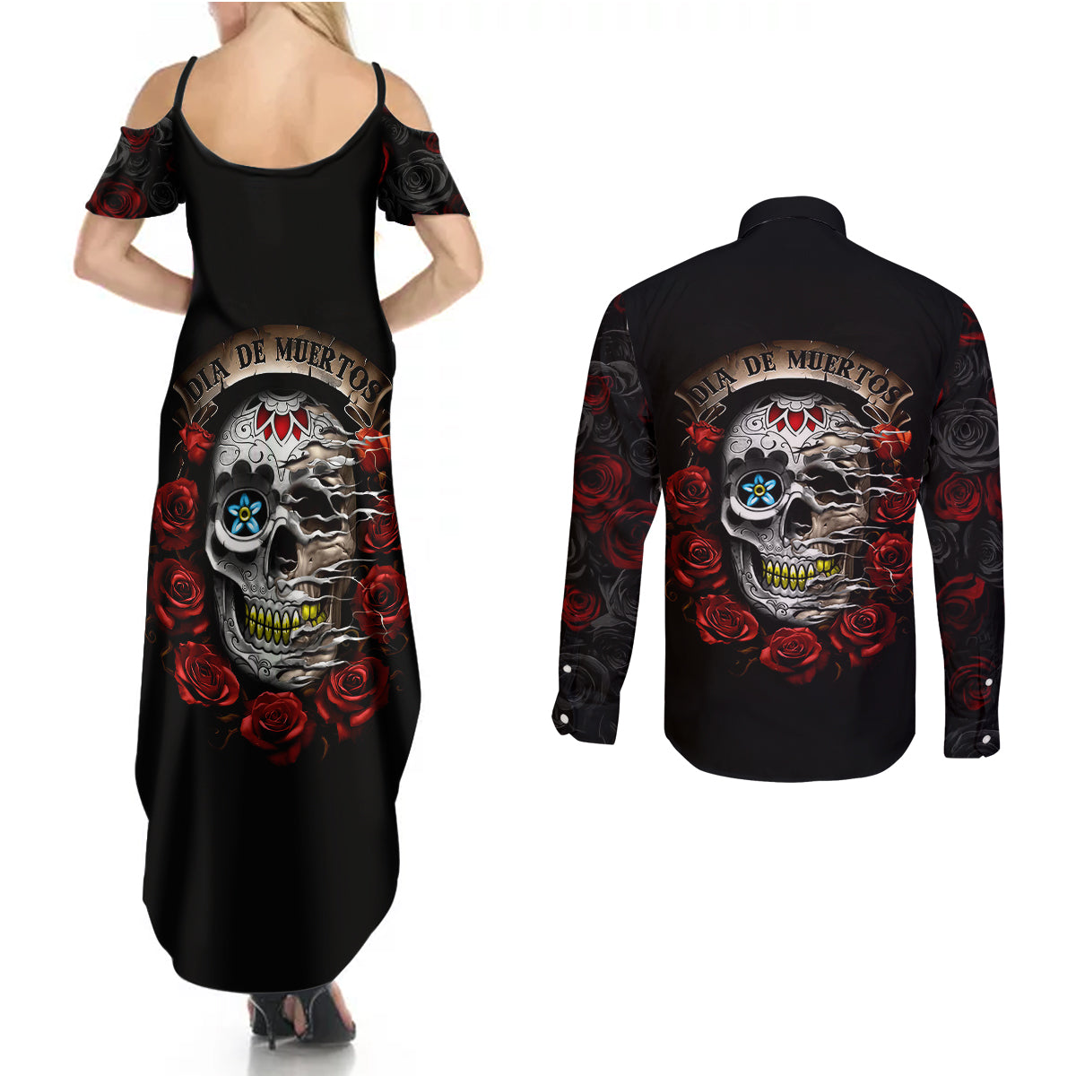 dia-de-muertos-couples-matching-summer-maxi-dress-and-long-sleeve-button-shirts-day-of-the-death-rose-skull