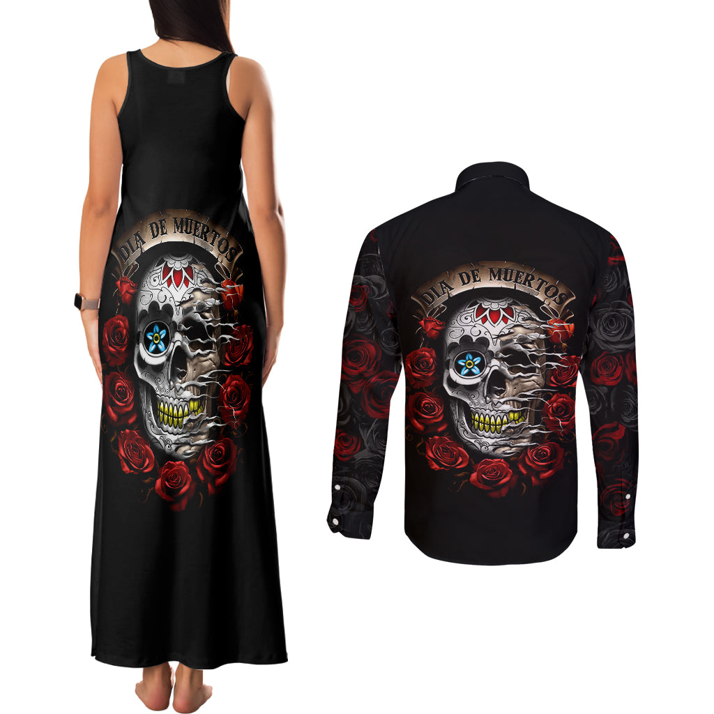 dia-de-muertos-couples-matching-tank-maxi-dress-and-long-sleeve-button-shirts-day-of-the-death-rose-skull