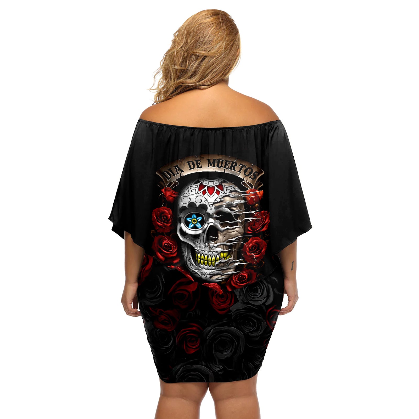 dia-de-muertos-off-shoulder-short-dress-day-of-the-death-rose-skull