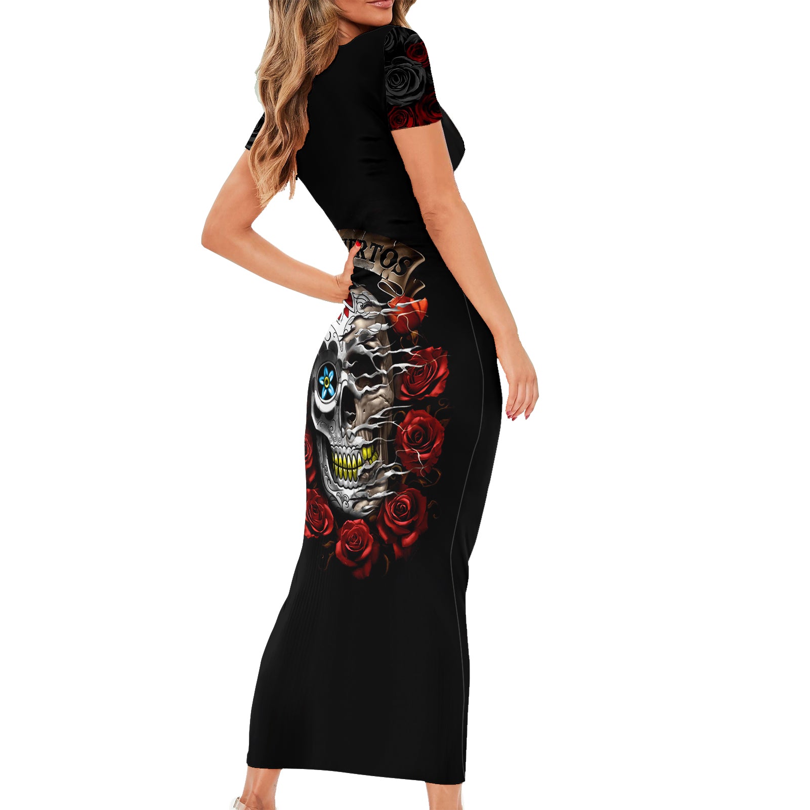 dia-de-muertos-short-sleeve-bodycon-dress-day-of-the-death-rose-skull