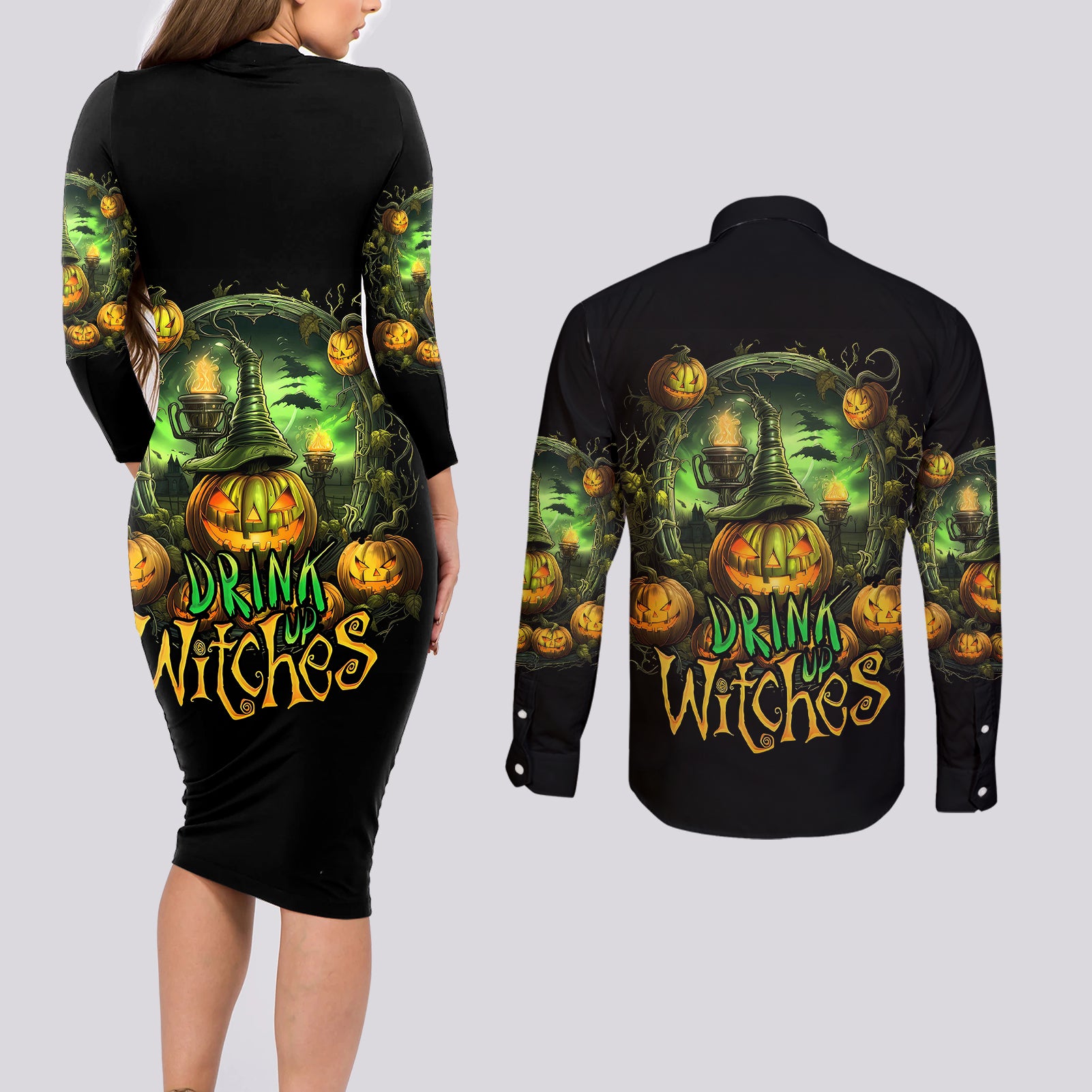 pumpkin-skull-couples-matching-long-sleeve-bodycon-dress-and-long-sleeve-button-shirts-drink-up-witches