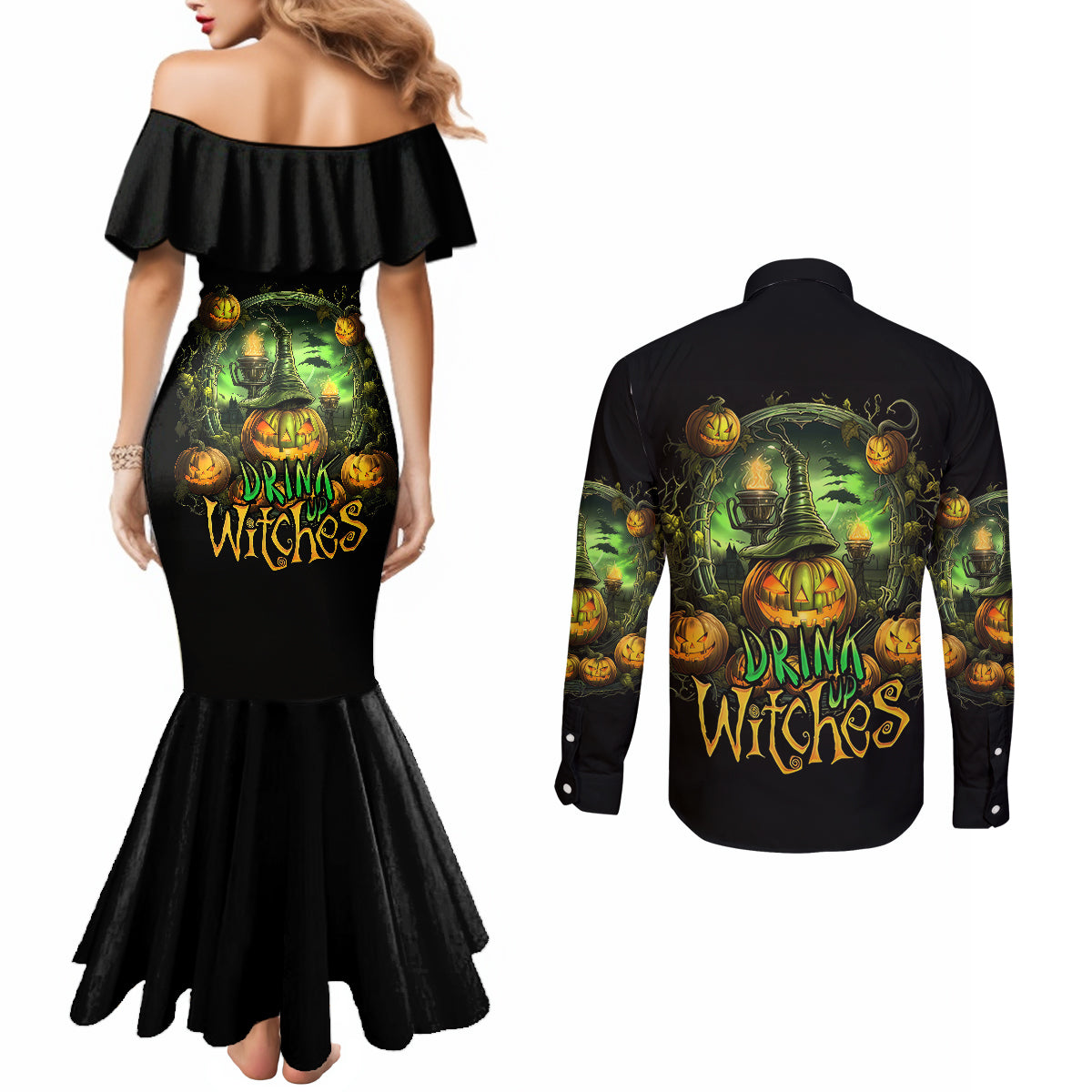 pumpkin-skull-couples-matching-mermaid-dress-and-long-sleeve-button-shirts-drink-up-witches