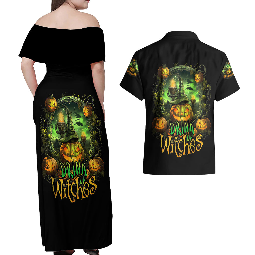 pumpkin-skull-couples-matching-off-shoulder-maxi-dress-and-hawaiian-shirt-drink-up-witches