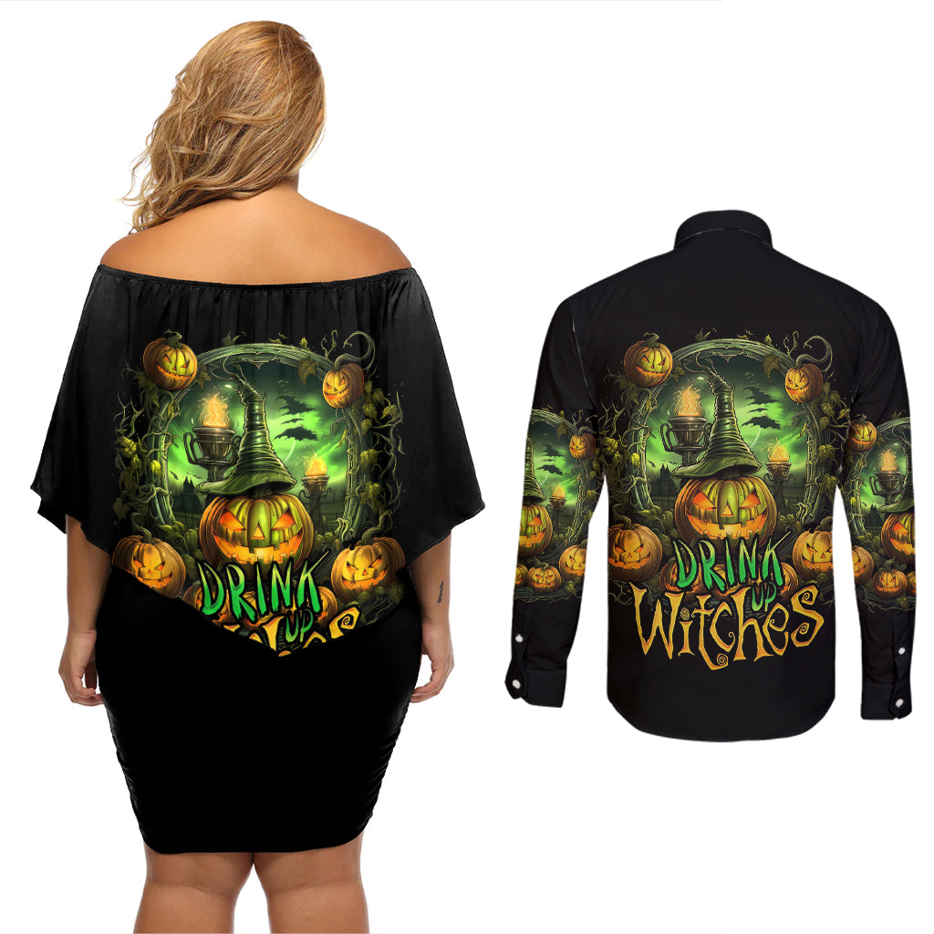 pumpkin-skull-couples-matching-off-shoulder-short-dress-and-long-sleeve-button-shirts-drink-up-witches