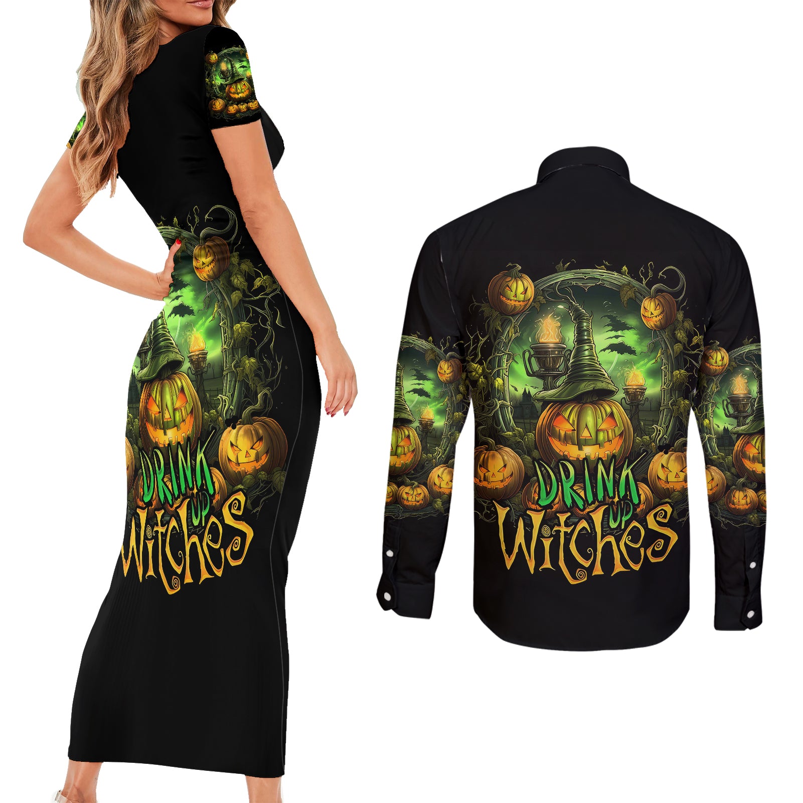 pumpkin-skull-couples-matching-short-sleeve-bodycon-dress-and-long-sleeve-button-shirts-drink-up-witches