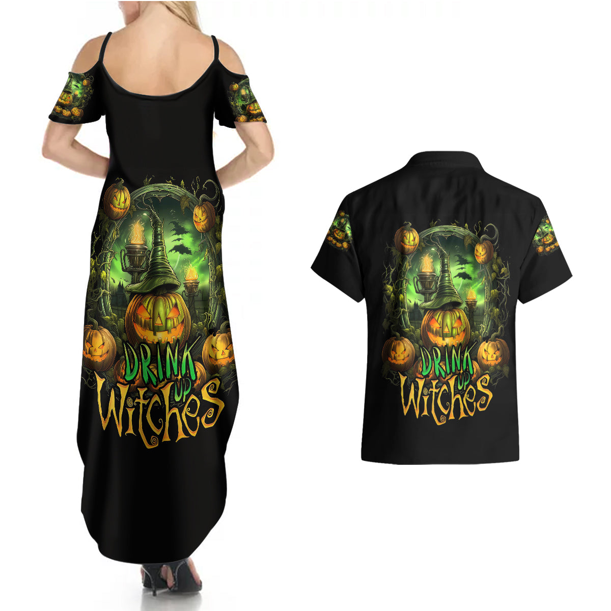 pumpkin-skull-couples-matching-summer-maxi-dress-and-hawaiian-shirt-drink-up-witches