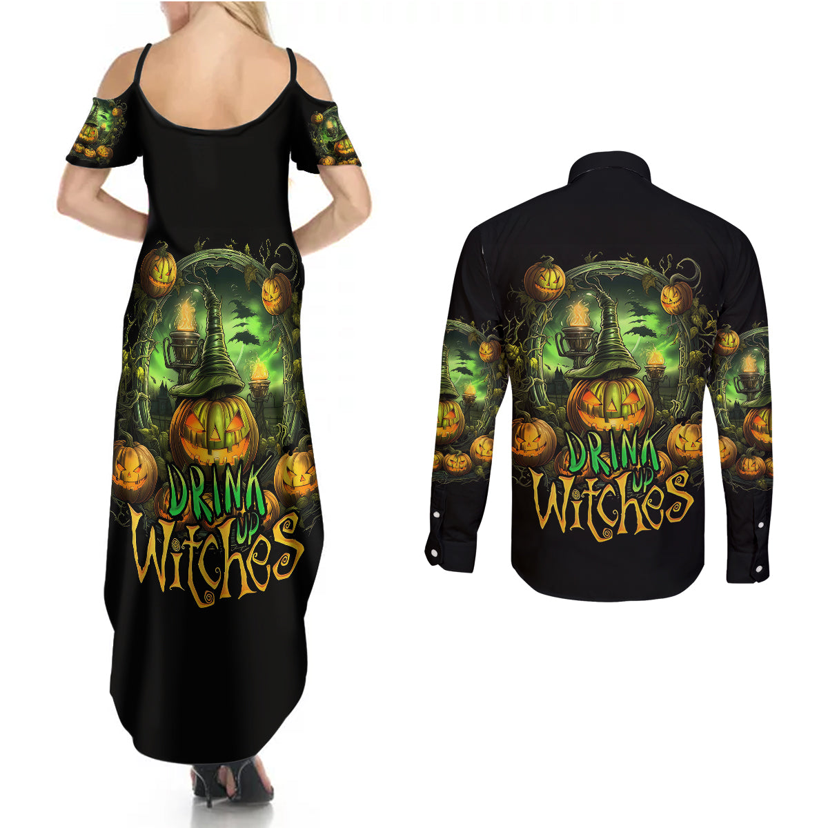 pumpkin-skull-couples-matching-summer-maxi-dress-and-long-sleeve-button-shirts-drink-up-witches