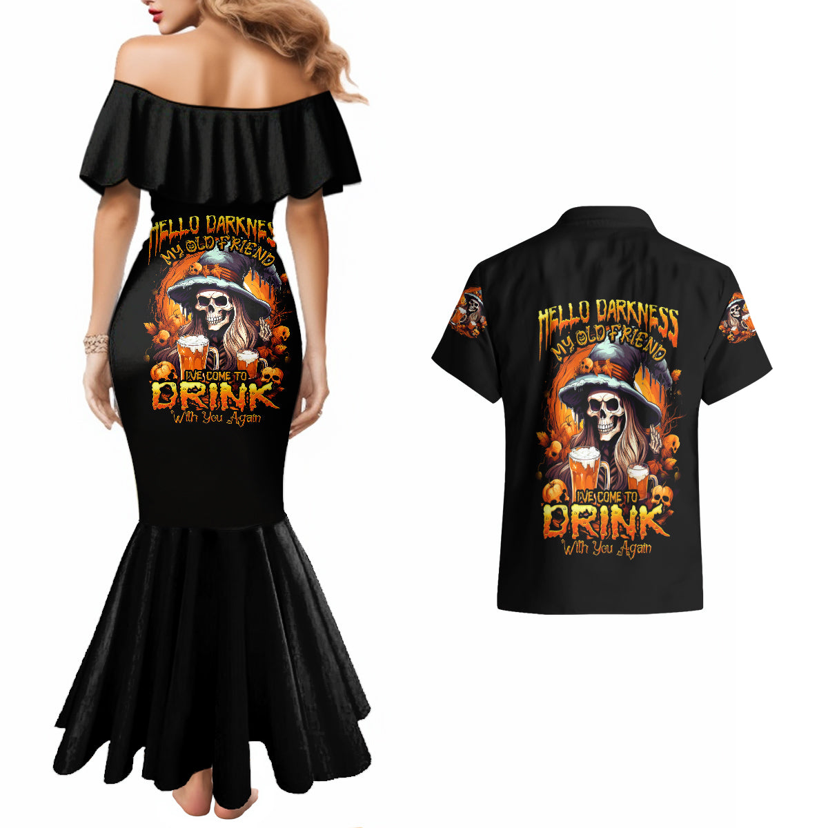 witch-skull-couples-matching-mermaid-dress-and-hawaiian-shirt-hello-darkness-my-old-friend-i-come-to-drink-with-you