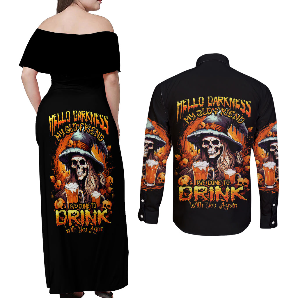 witch-skull-couples-matching-off-shoulder-maxi-dress-and-long-sleeve-button-shirts-hello-darkness-my-old-friend-i-come-to-drink-with-you