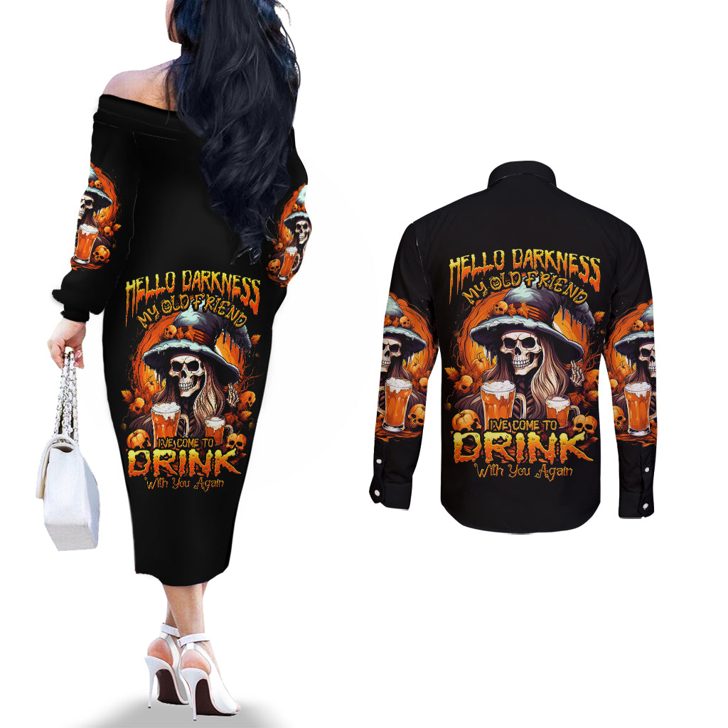 witch-skull-couples-matching-off-the-shoulder-long-sleeve-dress-and-long-sleeve-button-shirts-hello-darkness-my-old-friend-i-come-to-drink-with-you